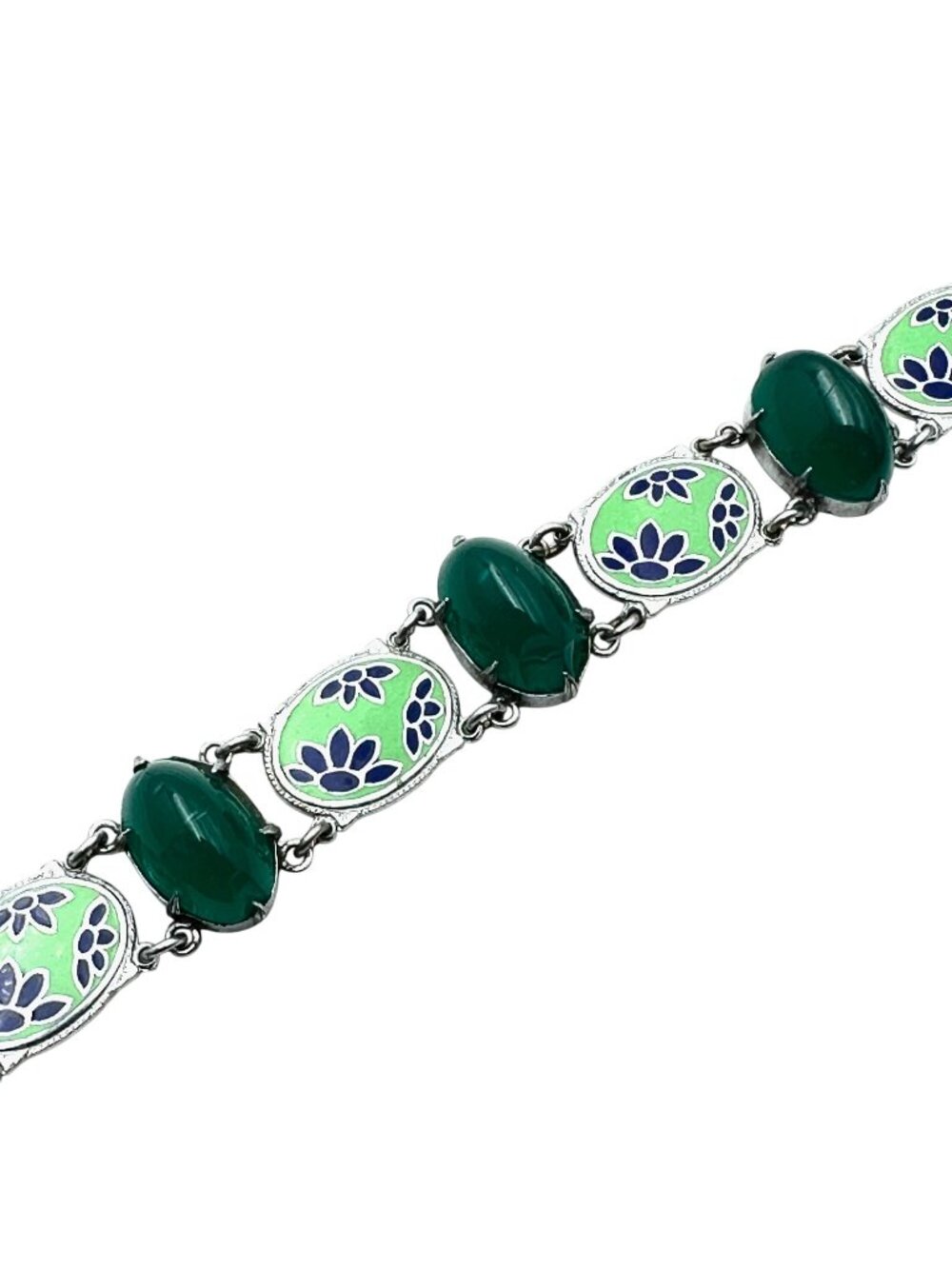 Vintage Blue Green Enamel Domed Glass Stone Silver Tone Bracelet 7 Inch